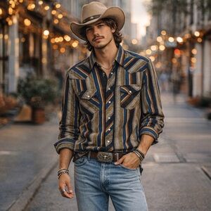 Vintage Wrangler Cowboy Western Stripe Pearl Snap Shirt L
